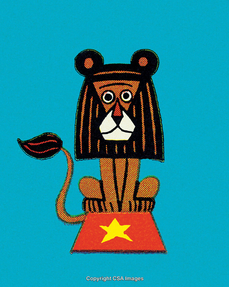 Whimsical Lion Illustration in Playful Colors on Bright Blue Background