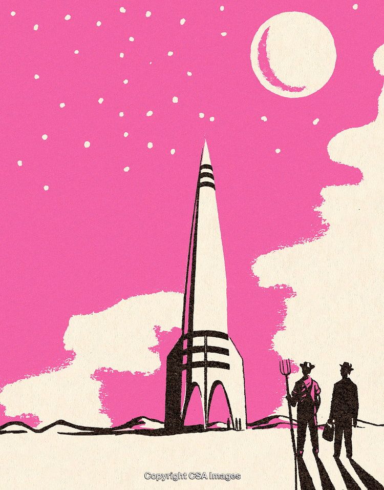 Surreal Space Exploration Scene With Retro Aesthetic and Farmers on Alien Landscape