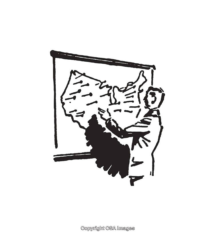 Black and White Illustration of a Man Presenting a Map on a Board