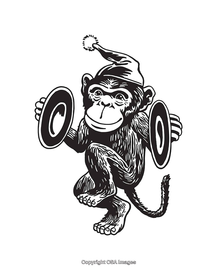 Black and White Illustration of a Cymbal-Playing Monkey