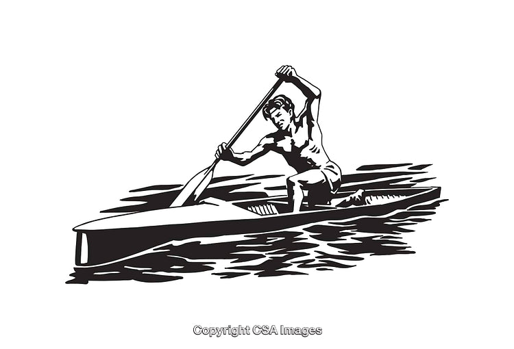 Black and White Illustration of a Canoeist Paddling on Water
