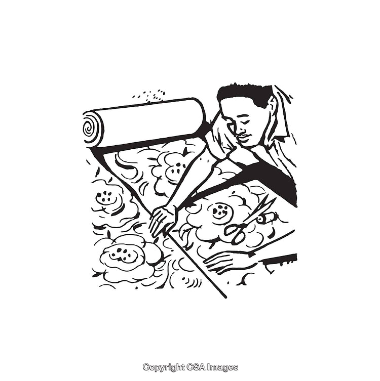 Worker Cutting Floral Fabric with Scissors in Black and White Line Art