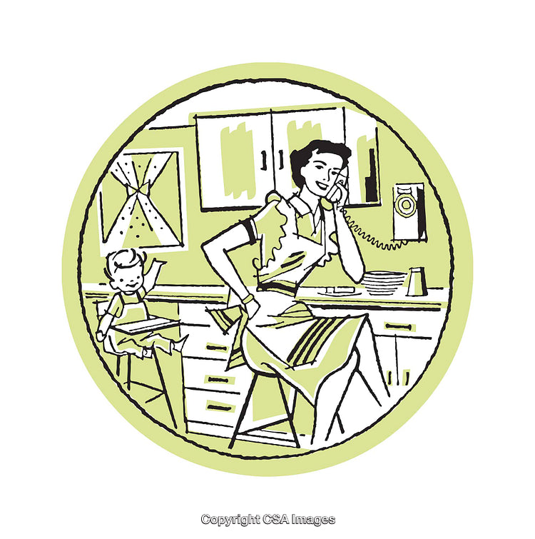 Retro Illustration of a Homemaker Talking on Phone in Vintage Kitchen