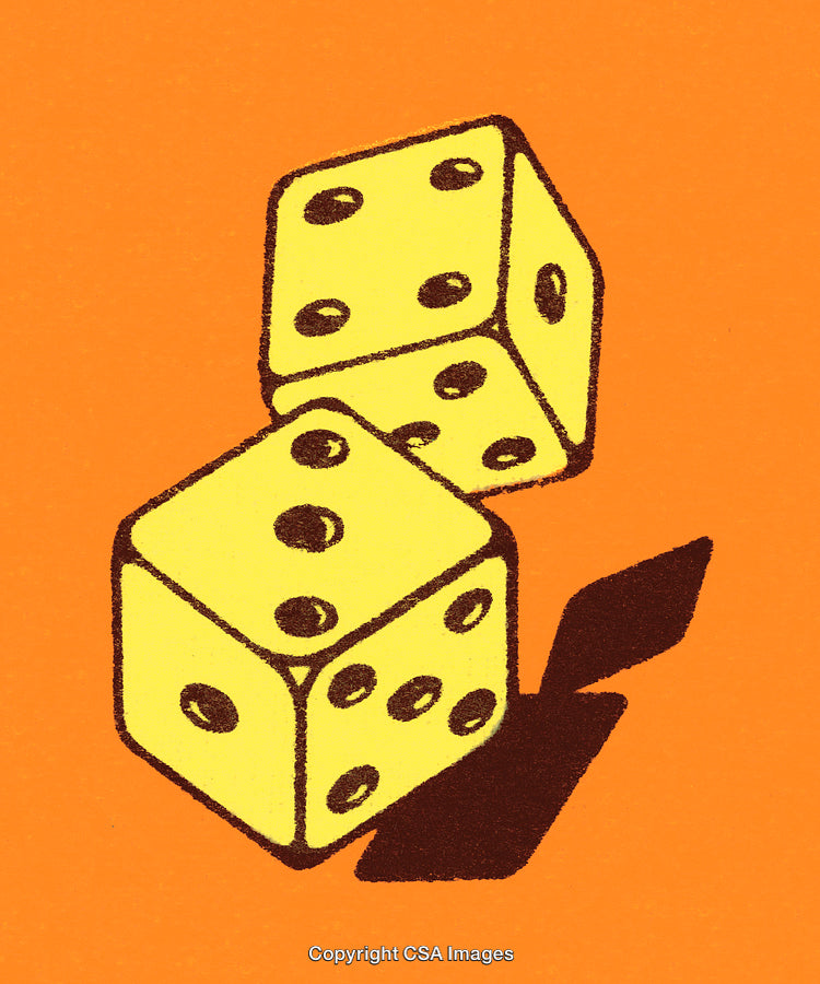 Two Yellow Dice on Orange Background Representing Games and Chance