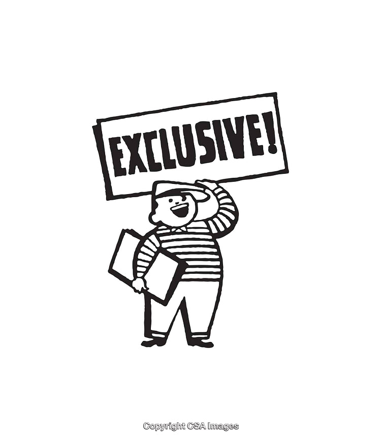 Black and White Illustration of a Newsboy with Exclusive Sign
