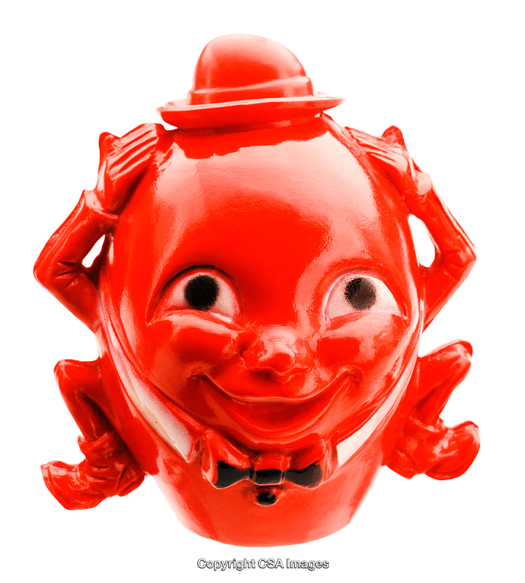Bright Red Smiling Plastic Figure With Top Hat and Playful Expression