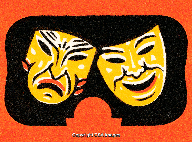 Theatrical Masks Representing Comedy and Tragedy on a Bold Red Background