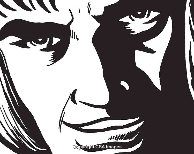 Close-Up Black and White Illustration of an Intense Facial Expression