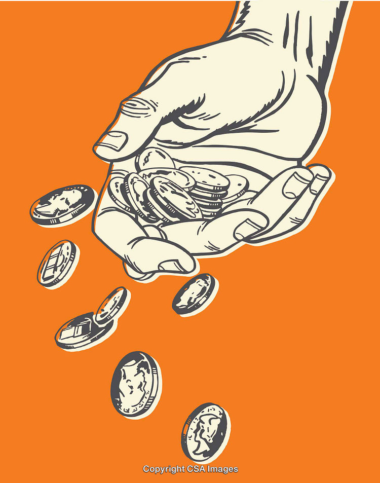 Hand Holding Coins with Orange Background in Artistic Line Art Style