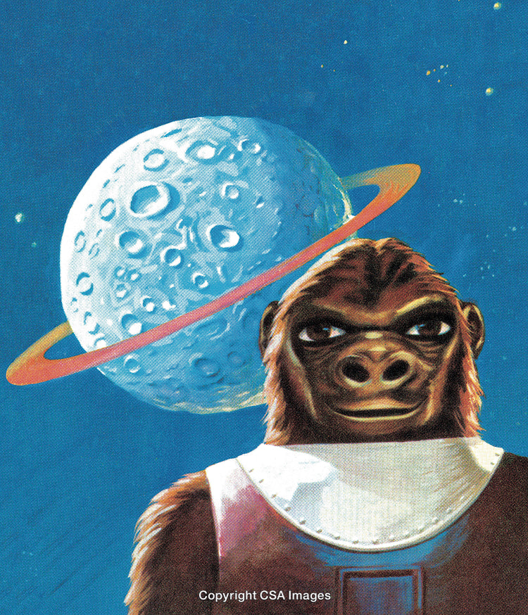 Futuristic Illustration of a Space Gorilla with a Planetary Backdrop