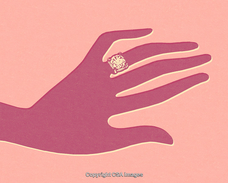 Silhouette Illustration of Hand Wearing Diamond Ring on Pink Background