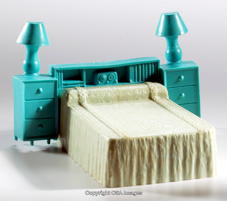 Vintage Plastic Toy Bed with Nightstands in Turquoise and Ivory Colors
