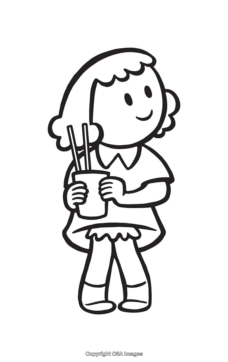Cartoon Girl Holding Cup with Chopsticks in Black and White Line Art