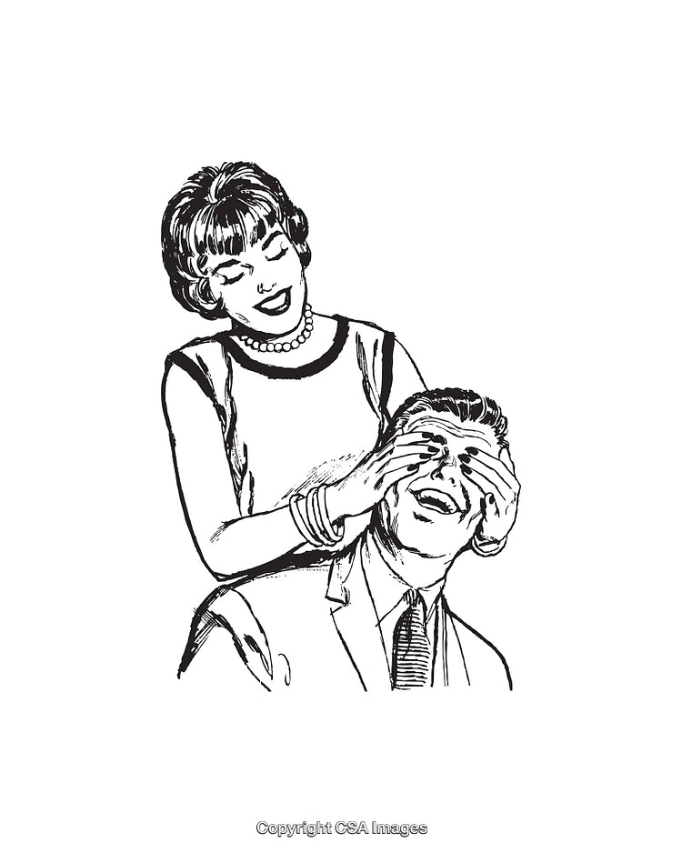 Retro Line Art of Woman Playfully Covering Man's Eyes
