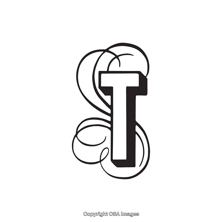 Elegant Monogram Letter T with Decorative Swirls in Black and White