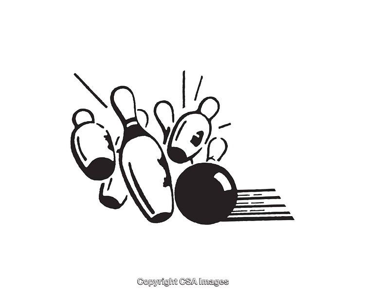 Black and White Line Art of a Bowling Strike in Action