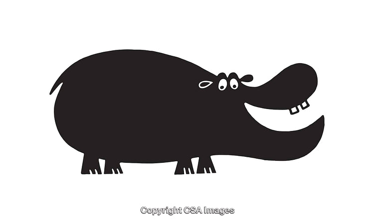 Black And White Smiling Hippopotamus Cartoon Silhouette Line Art Illustration