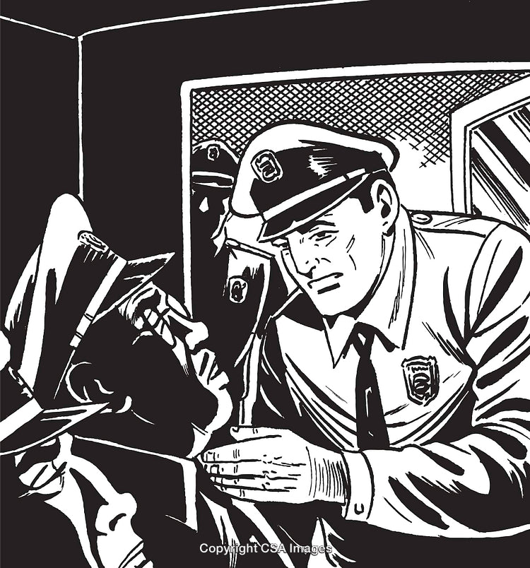 Black and White Artwork of Police Officers Investigating a Scene Together