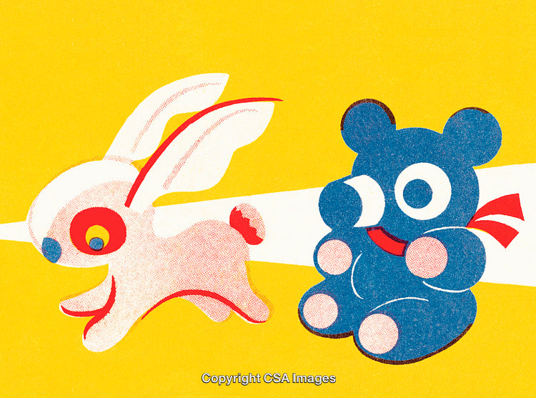 Colorful Artwork of Rabbit and Bear in Vibrant Yellow Abstract Style