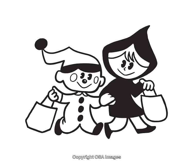 Black and White Line Art of Kids in Halloween Costumes