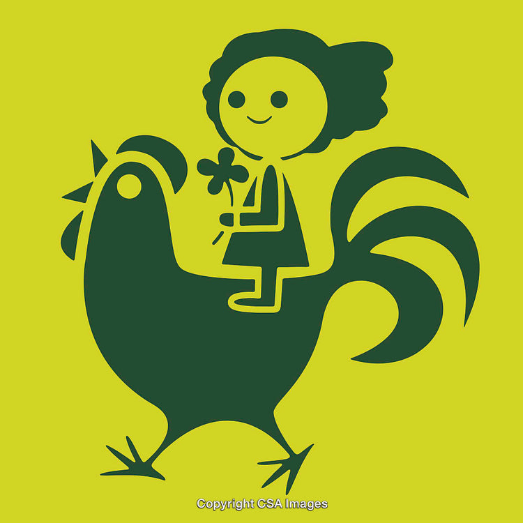 Whimsical Black Design of Child on Rooster Holding a Shamrock