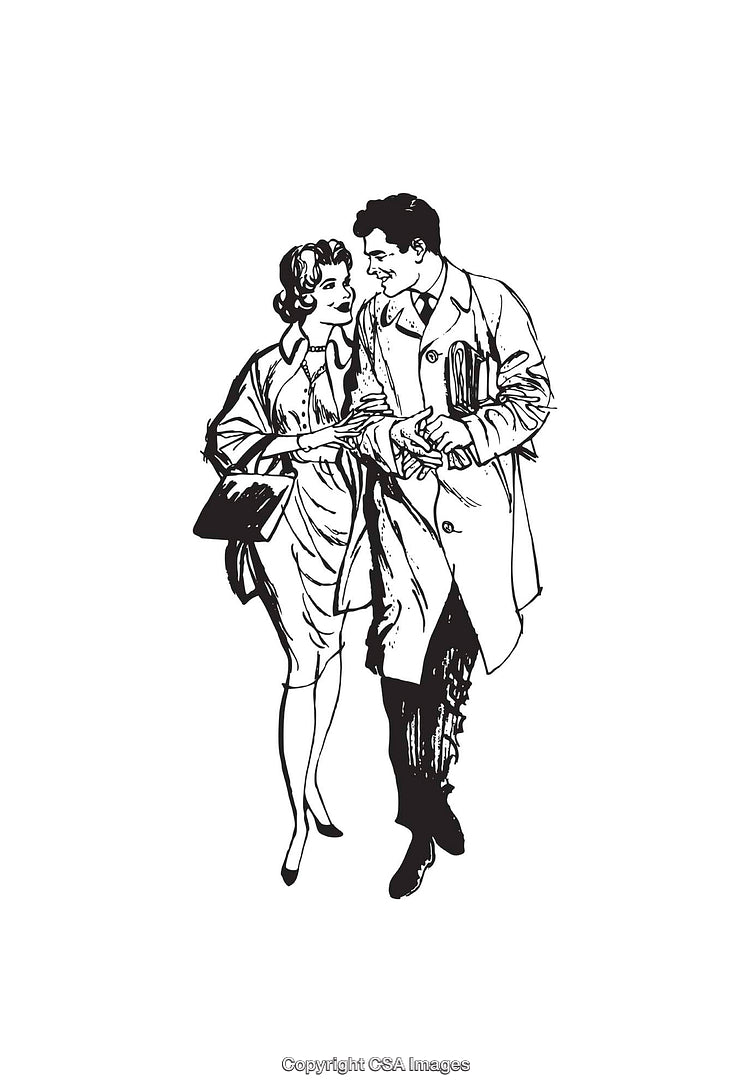 Retro Line Art of a Smiling Couple Walking Together Holding Documents