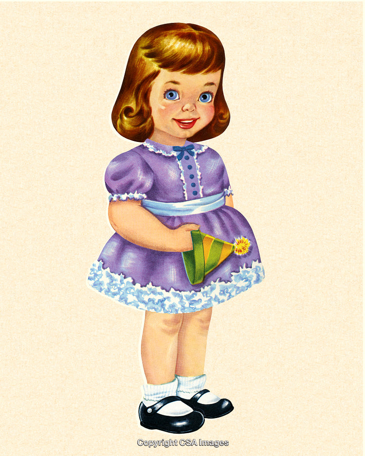 Vintage Illustration of Young Girl in Purple Dress Holding Party Hat