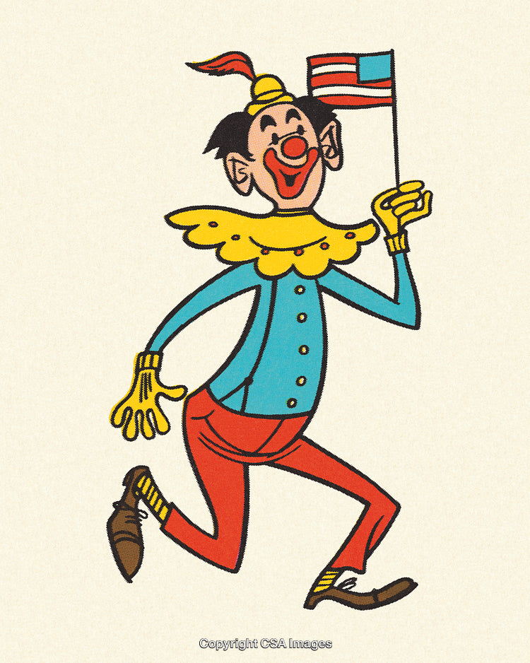 Illustration of a Clown Holding an American Flag in a Joyful Pose