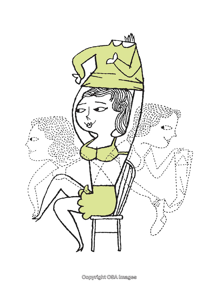 Whimsical Illustration of Woman Dressing in Green and Yellow Shades
