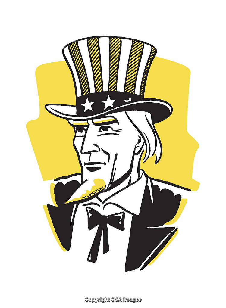 Cartoon Illustration of Uncle Sam in Patriotic Colors and Top Hat
