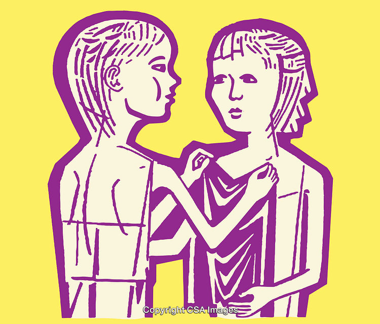 Color Line Art Illustration of Two People Interacting on Yellow Background