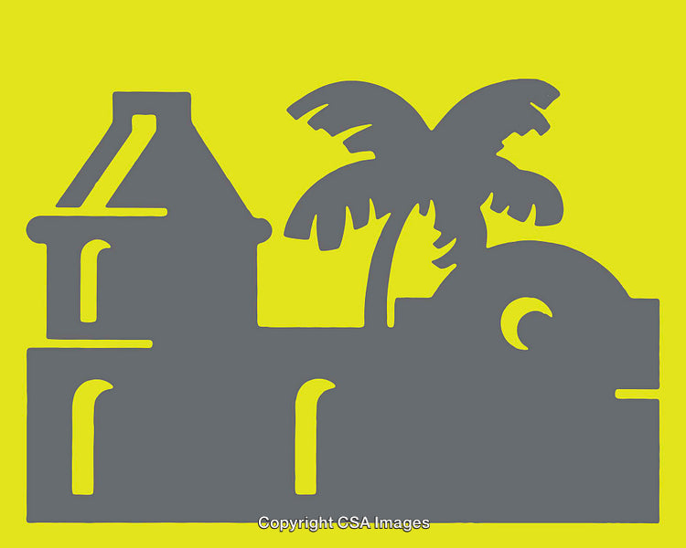 Illustration of a Building and Palm Tree in Yellow and Gray Colors
