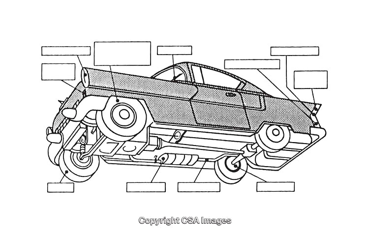Detailed Black and White Car Diagram with Labeled Components