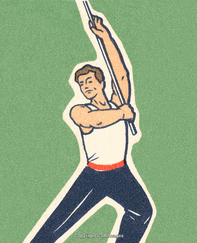 Vintage Illustration of a Gymnastic Athlete Holding a Pole on Green Background