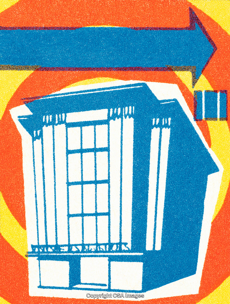 Illustrative Style Abstract Building Design with Bold Colors and Geometric Shapes