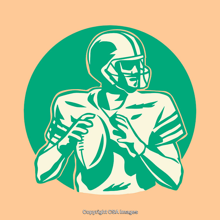Illustrated Athlete Playing Football Holding Ball in Stylized Green and Beige Artwork