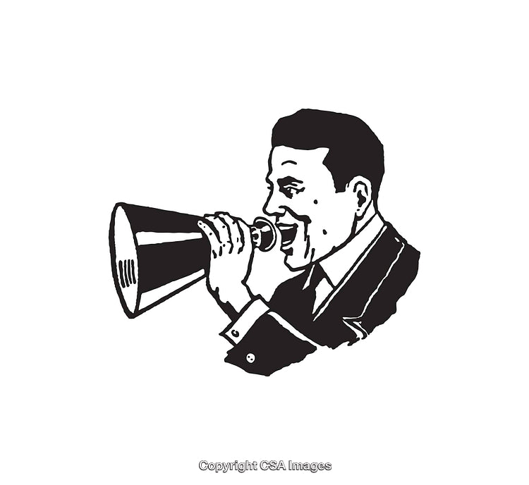 Black And White Illustration of Man Speaking Through Megaphone