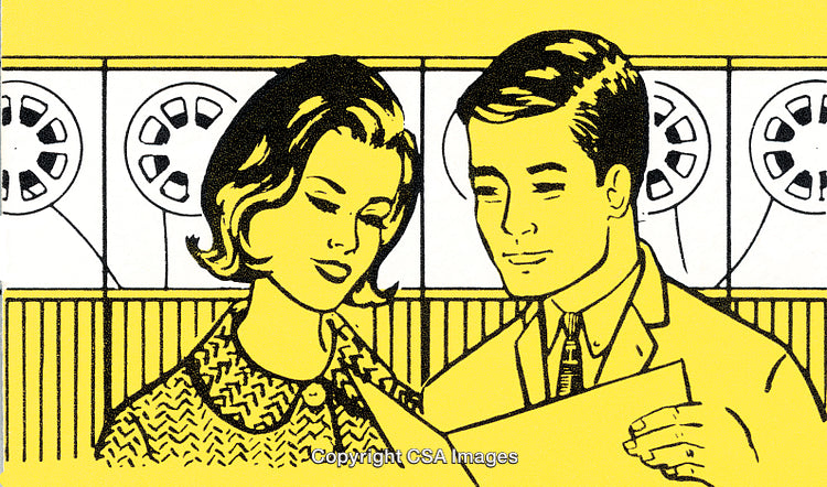 Retro Illustration of Two Professionals Reviewing Documents with Reels in Background