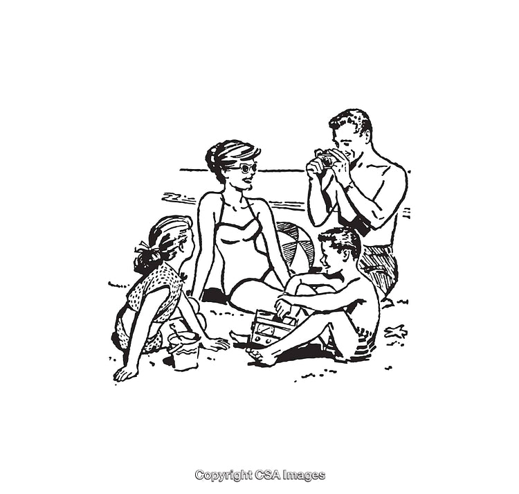 Vintage Family Illustration at the Seaside Enjoying Leisure Time