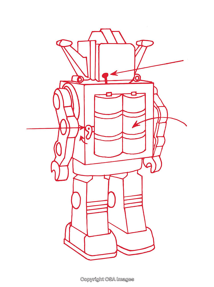 Red Line Diagram of Robot with Mechanical Details and Components