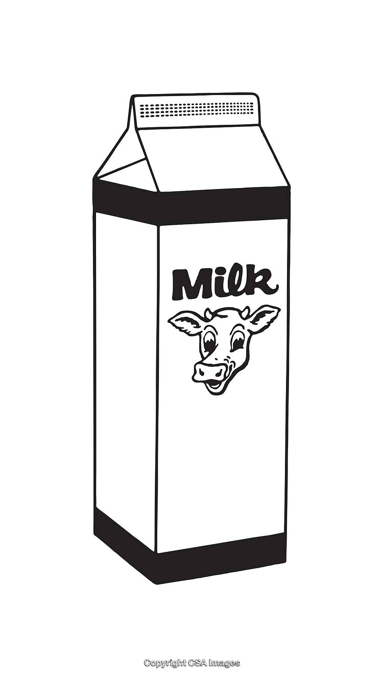 Black and White Line Art Illustration of a Milk Carton with a Cow Logo