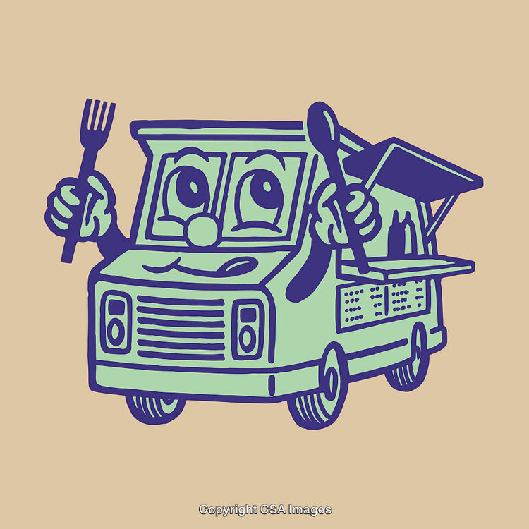 Cheerful Cartoon Food Truck Illustration with Utensil Characters