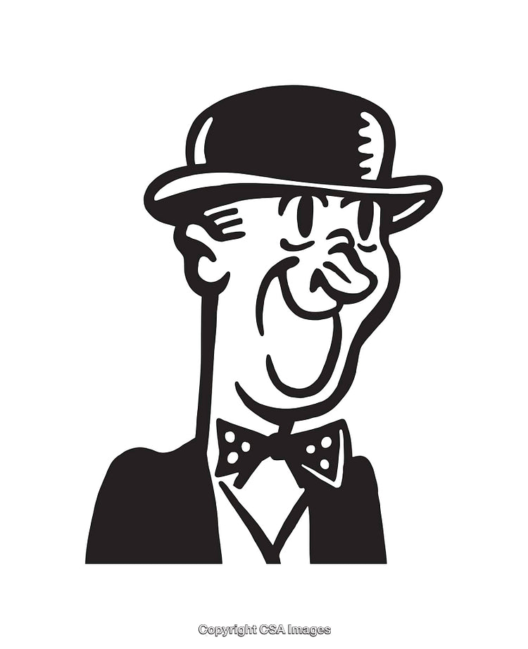 Vintage Line Art Illustration of a Man in a Hat and Bowtie