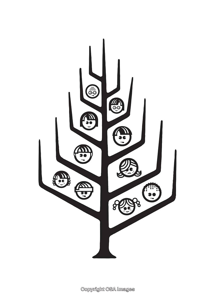 Black and White Line Art Family Tree Illustration with Faces