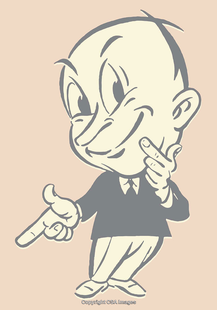 Retro Styled Cartoon Character in Suit Pointing and Smiling Cheerfully