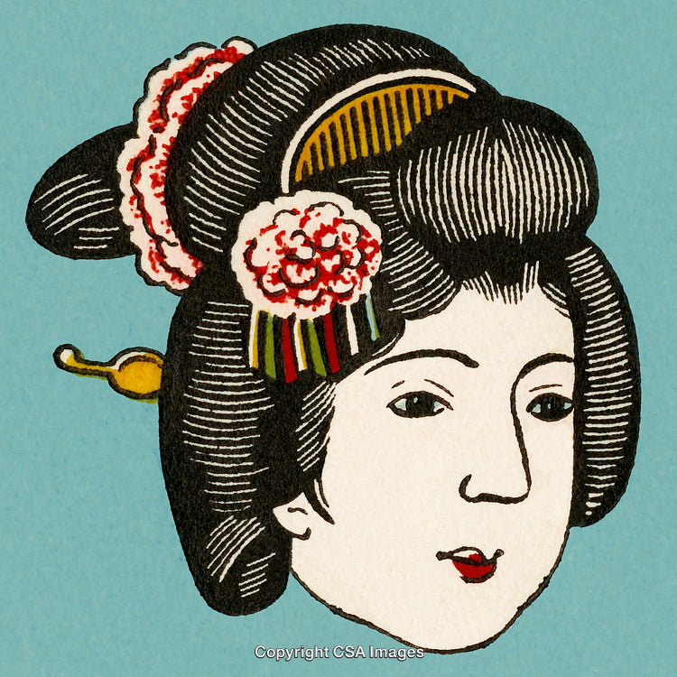 Traditional Geisha Illustration with Floral Accents and Detailed Hairstyle on Blue Background