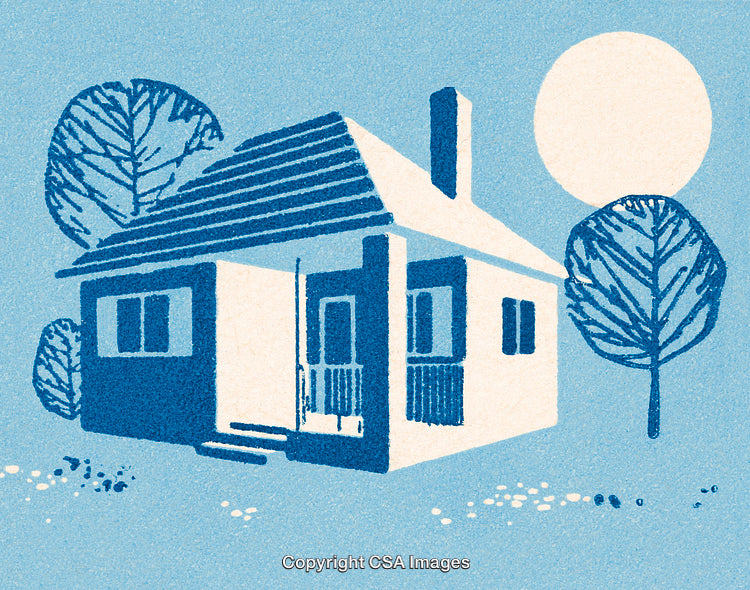 Blue Tone Illustration of a Cozy House Amid Trees Under a Bright Moon