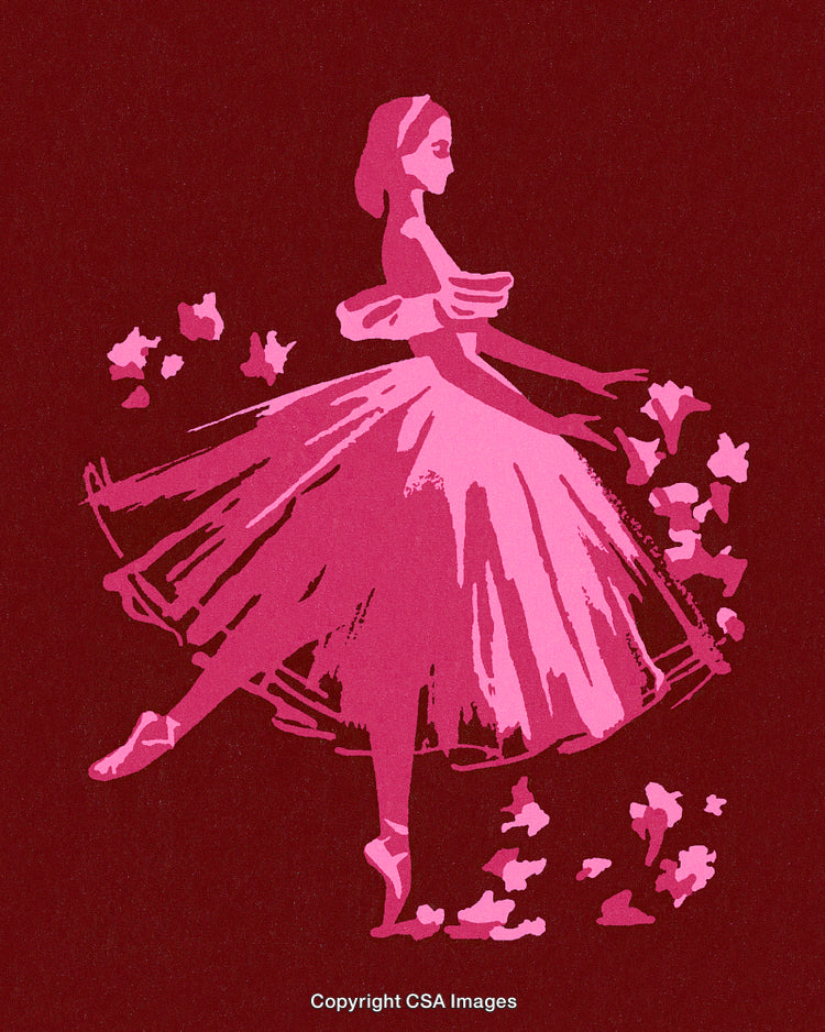 Elegant Ballerina in Pink Dress with Floral Accents on Maroon Background