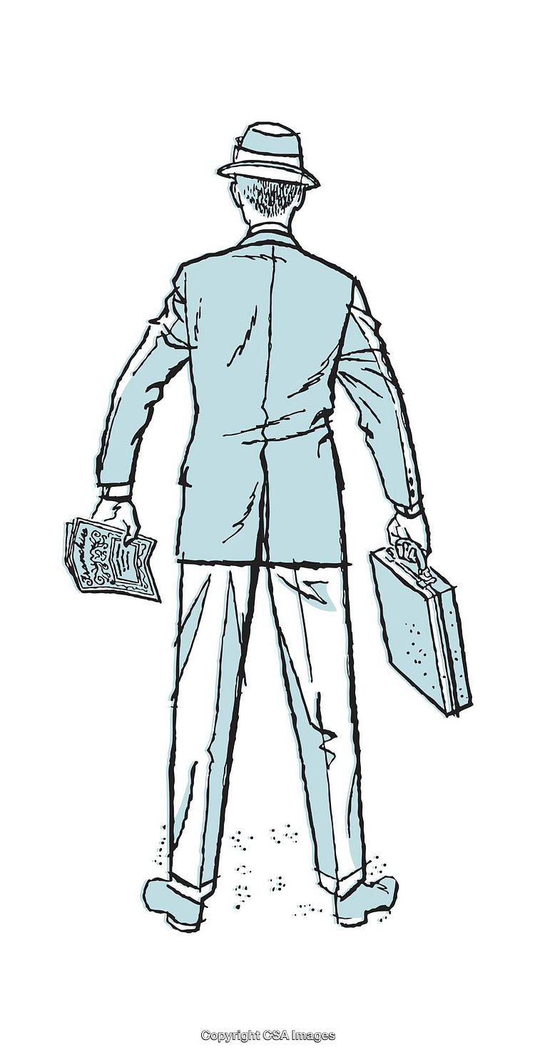 Rear View Illustration of a Businessman Holding Briefcase and Newspaper