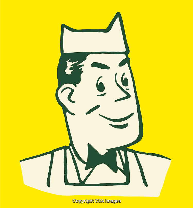 Retro Style Cartoon Drawing of a Smiling Male Waiter on Yellow